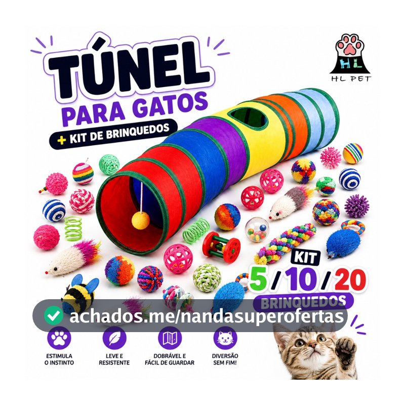 KIT Túnel Para Gatos com 5/10/20 Brinquedos Interativos Colorido Dobrável Pet HL PET