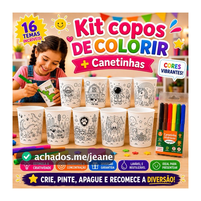 Copo de Colorir + Canetinha Kits com 10 20 ou 30 unidades Várias Estampas Copo Lembrancinha Aniversário Festas Crianças.