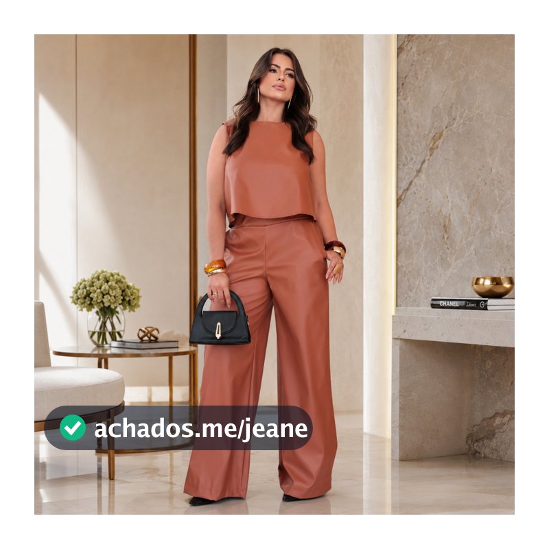 Conjunto Feminino Couro Fake Calça Pantalona e Blusa Elegante
