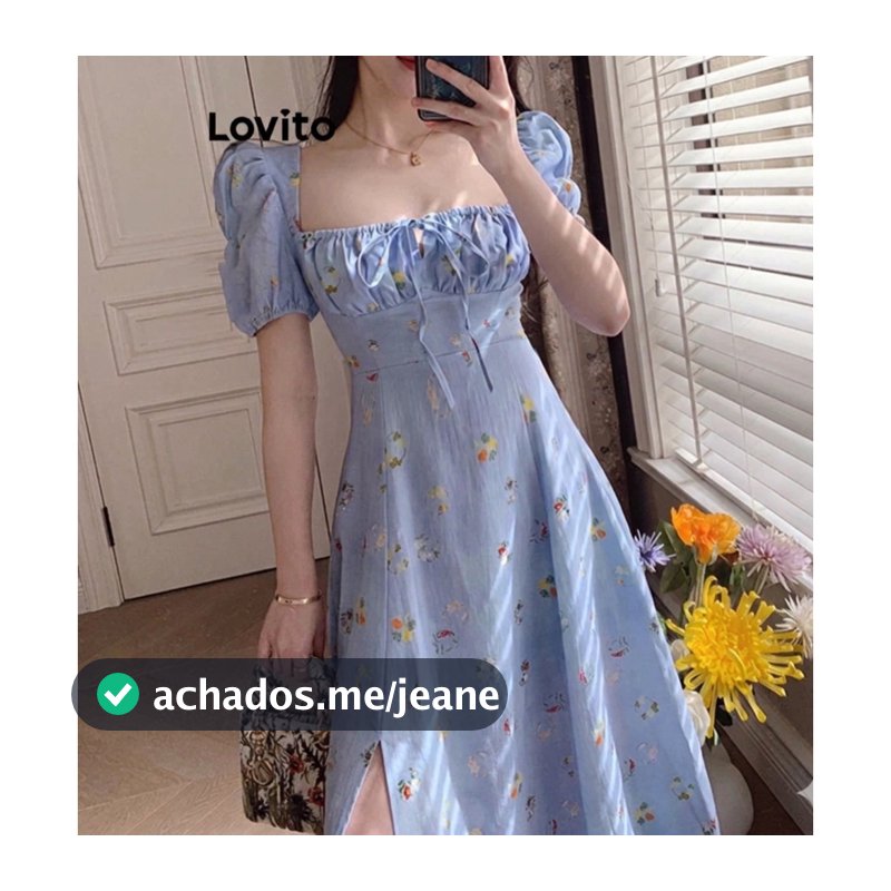 Lovito Vestido Feminino Midi com Manga Bufante e Decote Quadrado DRNS37AX041