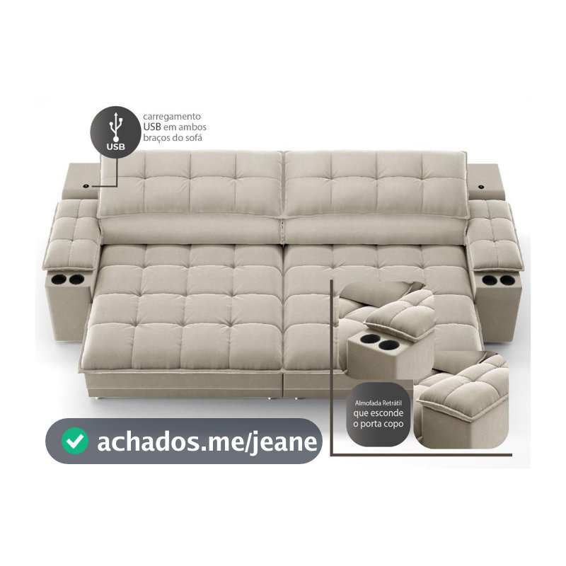 Sofá com Porta Copos e Carregador USB Ret Rec Luke 2,50m Veludocristal - NETSOFAS