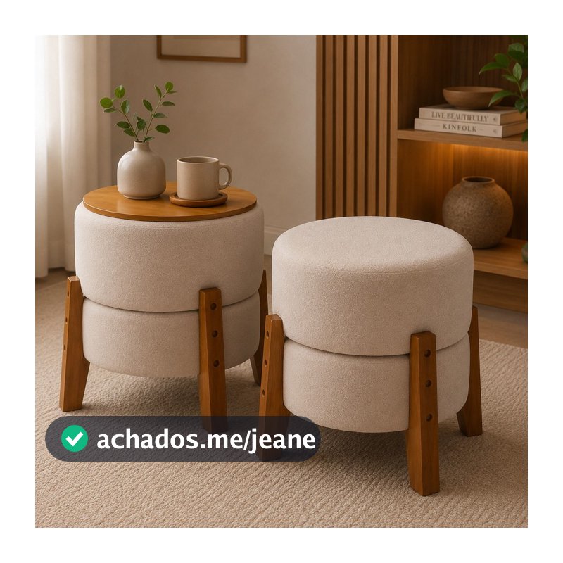 Kit 2 Puffs Mesinha Tecido Bouclé Luxo Assento ou Mesa de Apoio com Tampo Banquetas Decorativas Premium