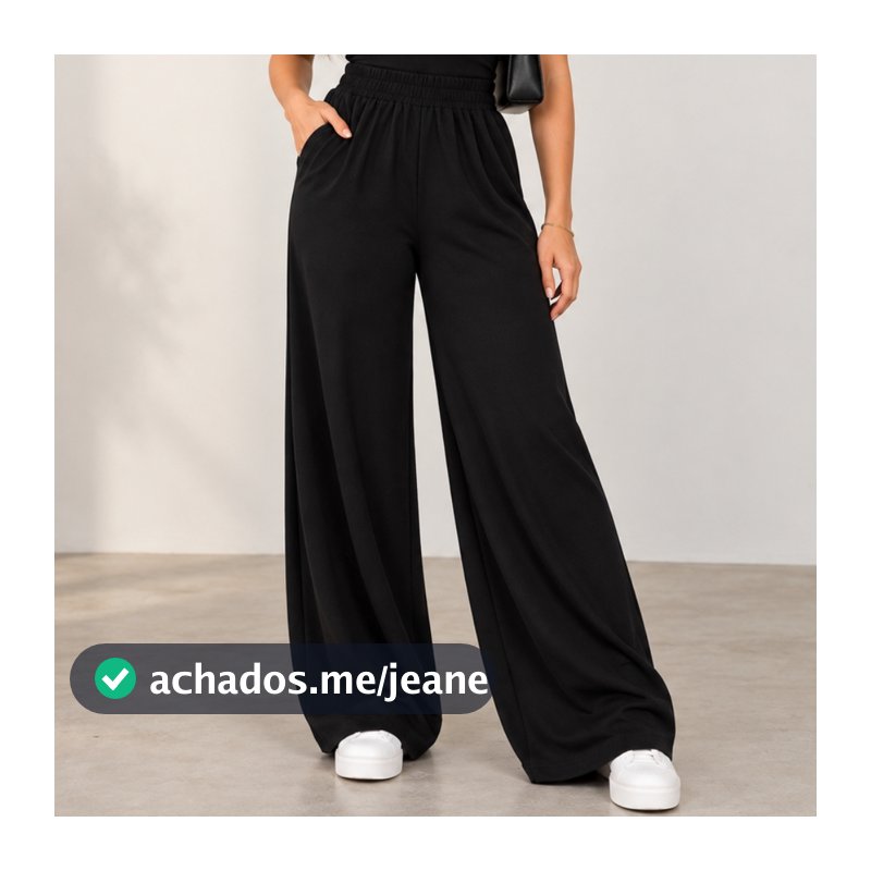 Calça Pantalona Duna Feminina Básica Lisa Com Bolso Cintura Alta Confortável