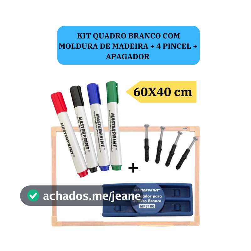 Lousa Branca Quadro Branco 60x40cm + 4 Pincel Marcadores  + 1 Apagador Didática Média