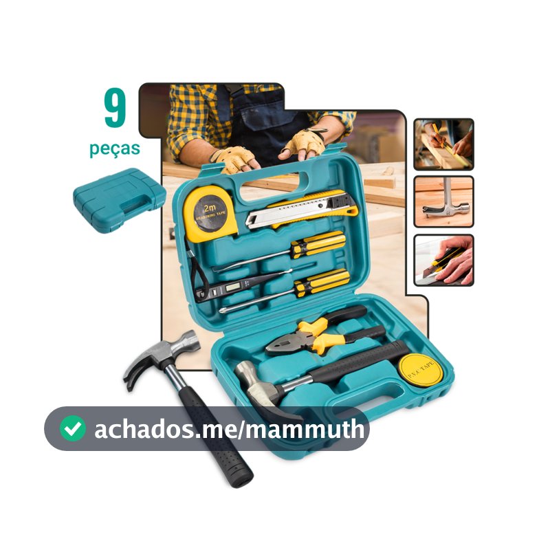 Kit Maleta Estojo Ferramentas 9 Peças Martelo Alicate Chave de Fenda Trena Portátil