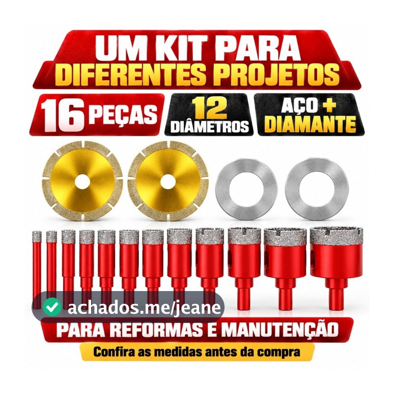 Serra Copo Diamantada Kit 16 Peças 6-32mm para Porcelanato Cerâmica Mármore Granito