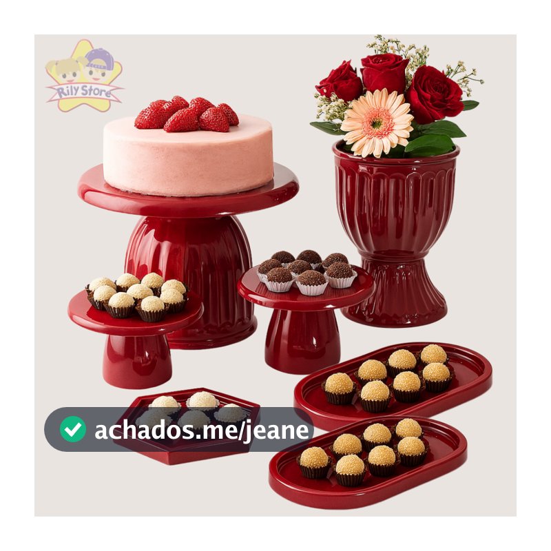 Kit Mesa Festa Boleira Romana Slim 17cm, 1 Vaso Romano, 2 Mini Slim + 2 Bandeja Oval, 1 Sextavadinha