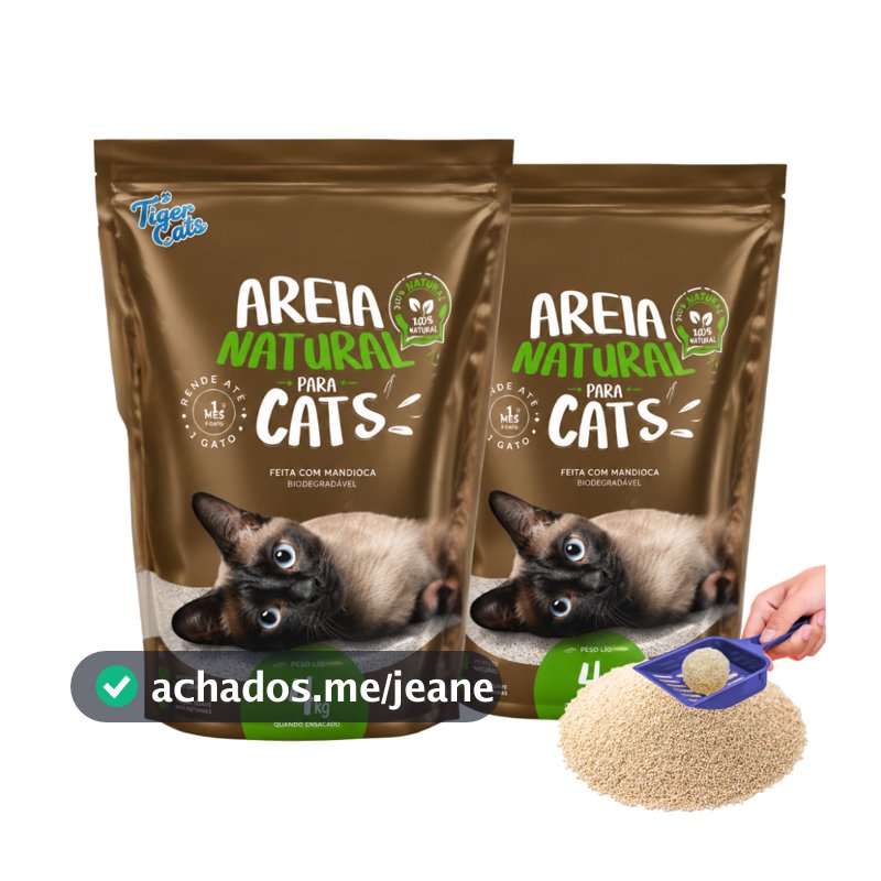 Kit 2 Areia Sanitária Higiênica pra Gatos Natural 100% Mandioca Biodegradável Tiger Cats 4kg Natural