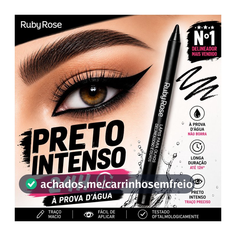 Lápis Delineador Ruby Rose Preto Intenso À Prova D'Água Longa Duração Carbon Black