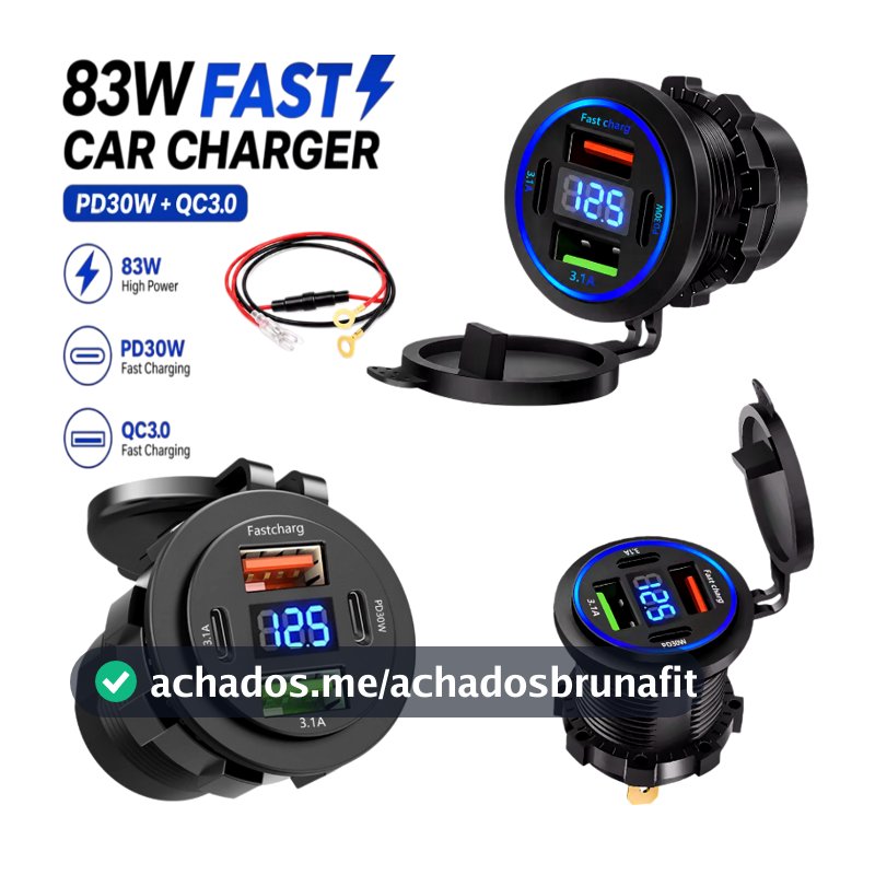 Carregador de bateria de carro 4 Portas PD30W 3.1A Com Display LED Voltímetro 12V‑24V À Prova D'Água acessórios para mot