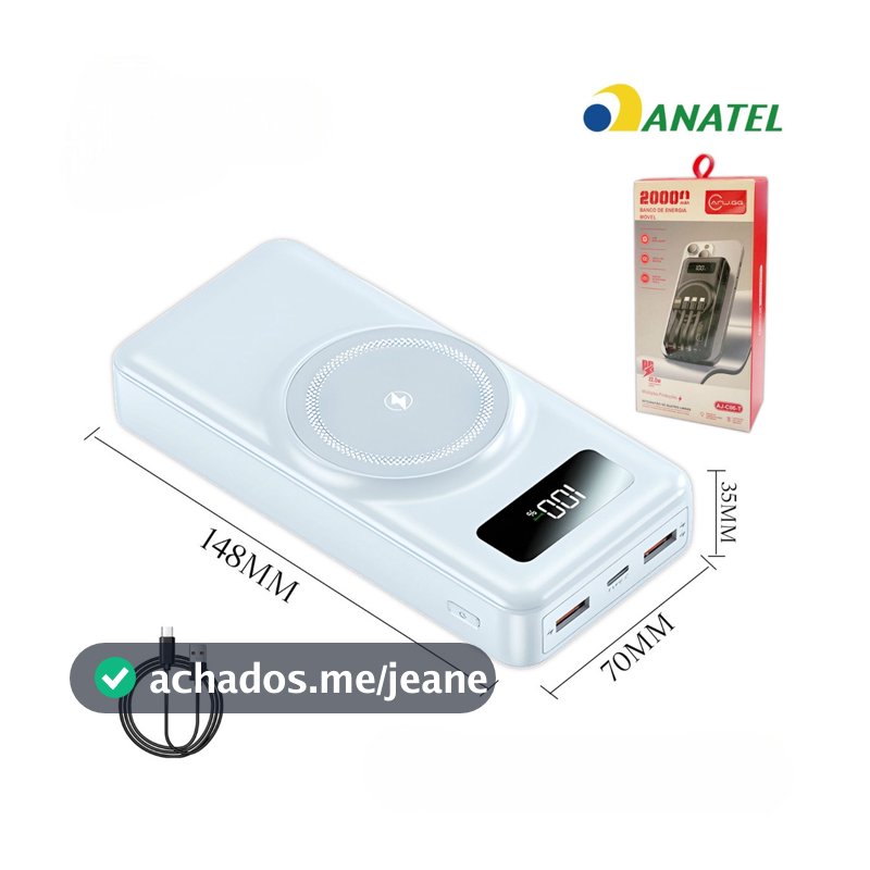 Power Bank 20000mAh Carregador Portátil Sem Fio e Com Fio Indução para iPhone Android USB