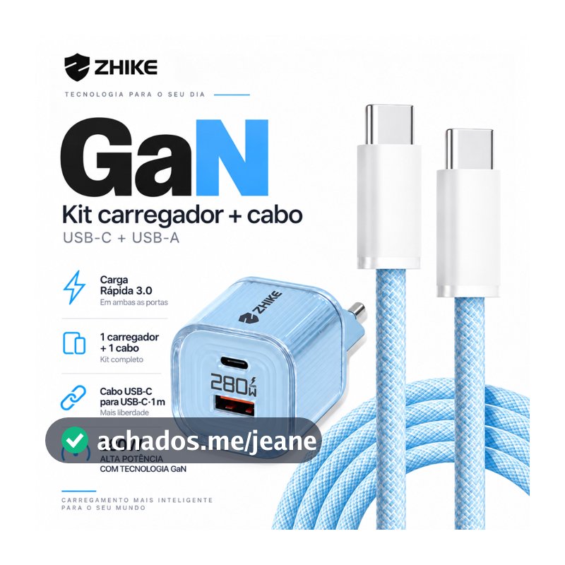 Kit PD Cabo Carregador Carregamento Rápido ZHIKE Adaptador GaN Tipo C Para Tipo C 1M Nylon Trançado