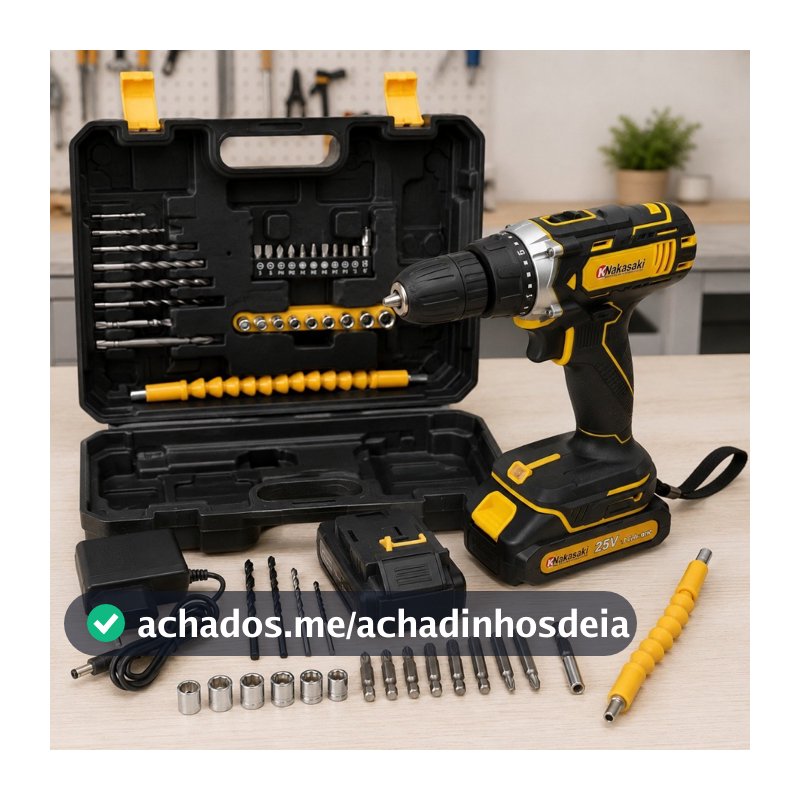Parafusadeira Furadeira 25V Nakasaki Sem Fio a Bateria Profissional Kit Completo com Maleta