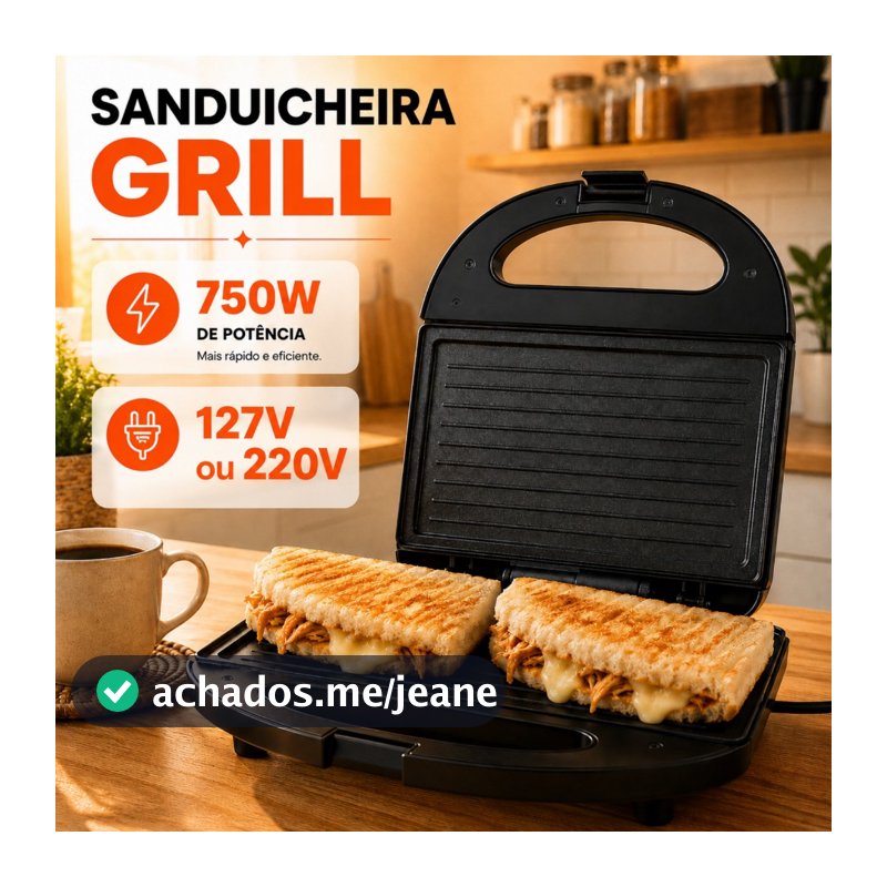Sanduicheira Elétrica Grill Preto 127V ou 220V Antiaderente 750W Sanduíches Lancheira Compacta Chapa Lisa