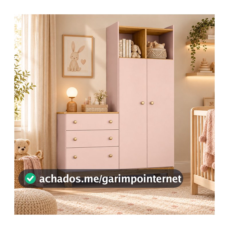 Guarda Roupa Infantil Flora com Cômoda 2 Portas 3 Gavetas Nichos Qmovi