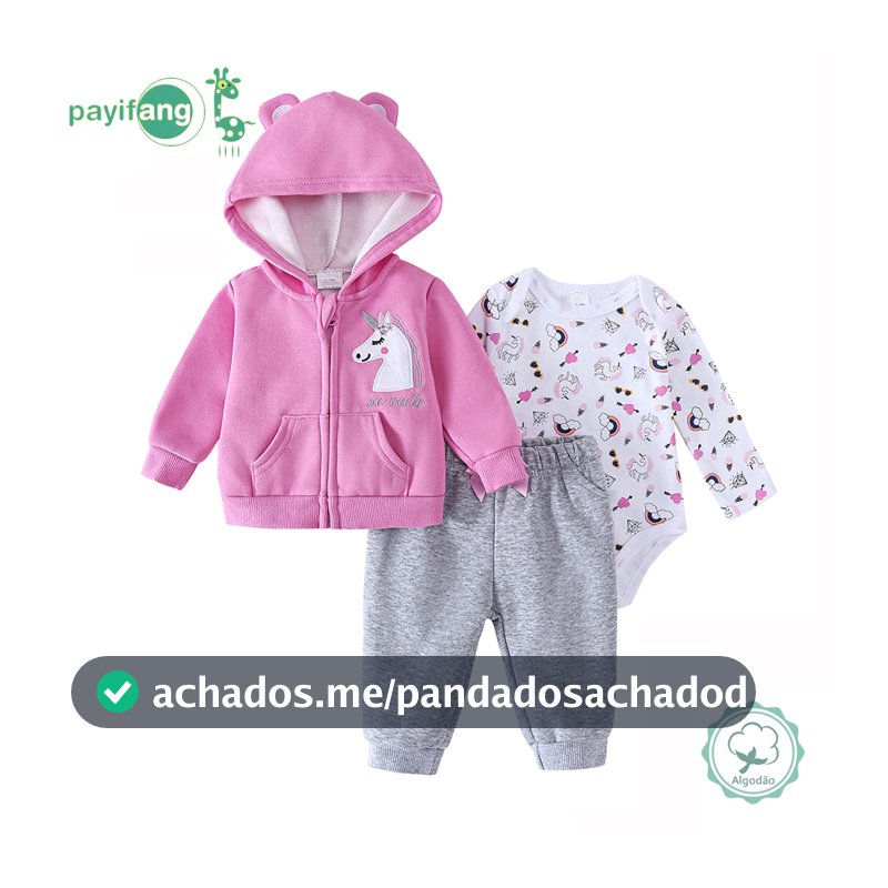 Kit Conjunto 3 Peças Roupa Bebê Menina 60% Algodão 40% Poliéster Jaqueta com Capuz Unicórnio + Body + Calça Moletom