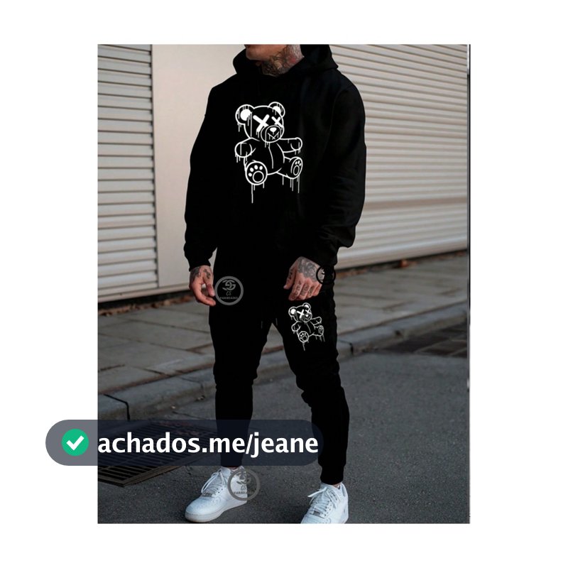 Conjunto Moletom Urso Bear Blusa de Frio moletom masculino e Feminino com capuz e Bolso Moda casual streetwear Flanelado