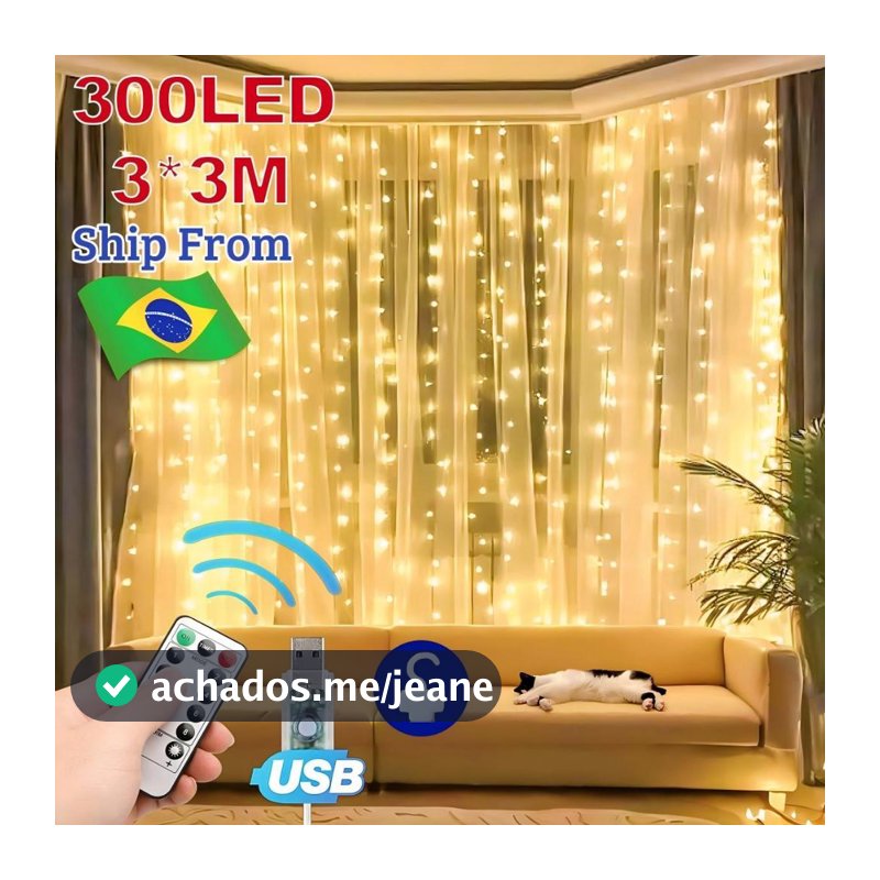Cortina luz 300 LED 3x3M cortina com 8 Modos USB Natal Fadas Luzes Pisca Cascata Decoração Janela 110v-220v