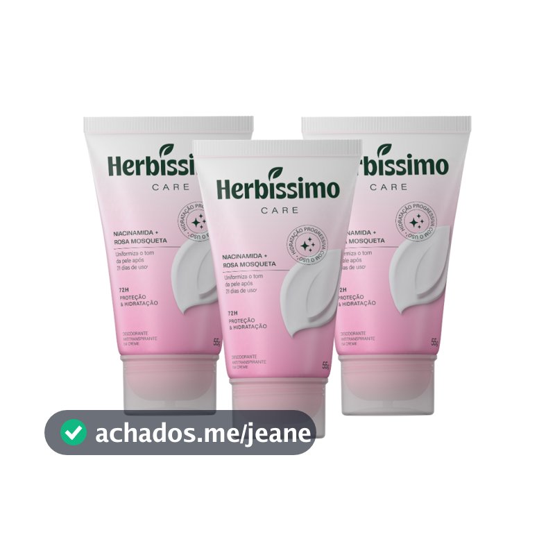 Kit Creme Desodorante Antitranspirante Herbíssimo Care Rosa Mosqueta E Niacinamida Bisnaga 55g (3 unidades)