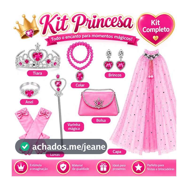 Kit Princesa Rosa 9 Acessórios Tiara Capa Luva Anel Bolsa Varinha Colar Festa Fantasia decoração