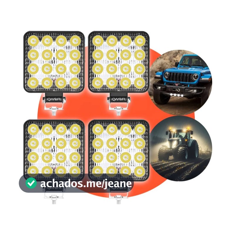 Kit 4 Farol Milha 48W 16 Leds Slim Quadrado 12V 24V