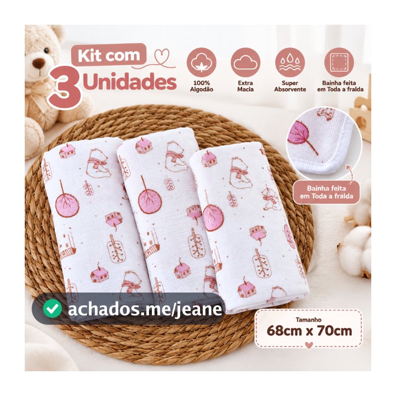 Kit 3 Fralda Pano de Ombro Bebe Com Bainha 100% algodão camada dupla enxoval maternidade
