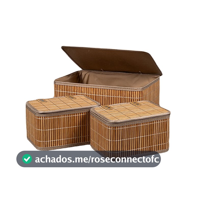 Conjunto 3 Caixa Cesto Organizador Retangular Bambu Tampa 23 36cm Marrom Decoração Casa Premium