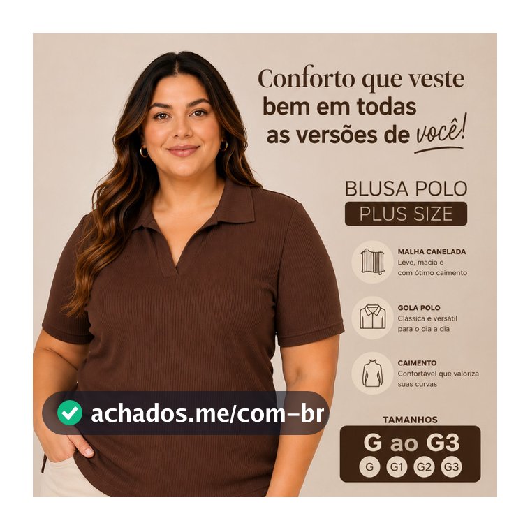 Blusa Feminina Plus Size Gola Polo Malha Canelada Confortável Casual G ao G3