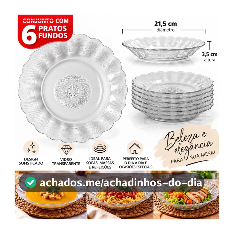 Kit 6 Pratos Fundos de Vidro Transparente 21,5cm Decorado com Relevo – Mesa Posta Elegante