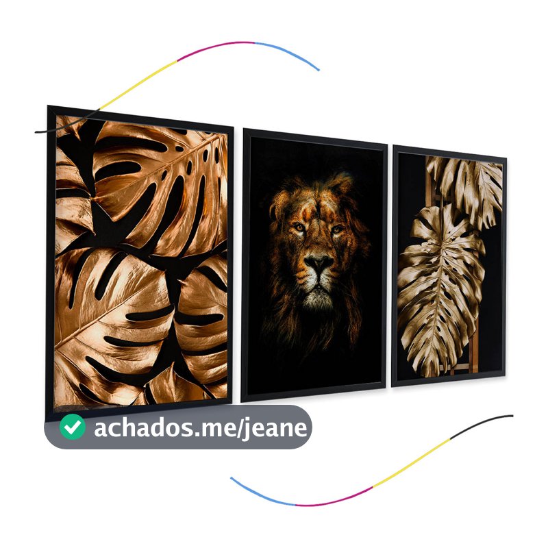 Quadro decorativo leão, folhas, goldem, douradas, para, sala, quarto, escritório