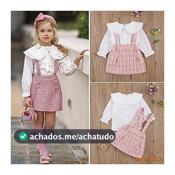 2-7 Anos Conjunto De Roupas Para Meninas , Peter Pan Collar Camisa De Manga Comprida + Saia Suspender Plaid