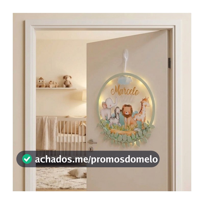 Porta Maternidade Personalizado com Nome | Safari Bebê, LED e Espelho