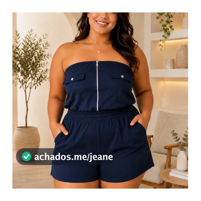 Macaquinho Feminino Tomara Que Caia com Zíper frontal e Bolsos Cintura Elástica GG-G1-G2