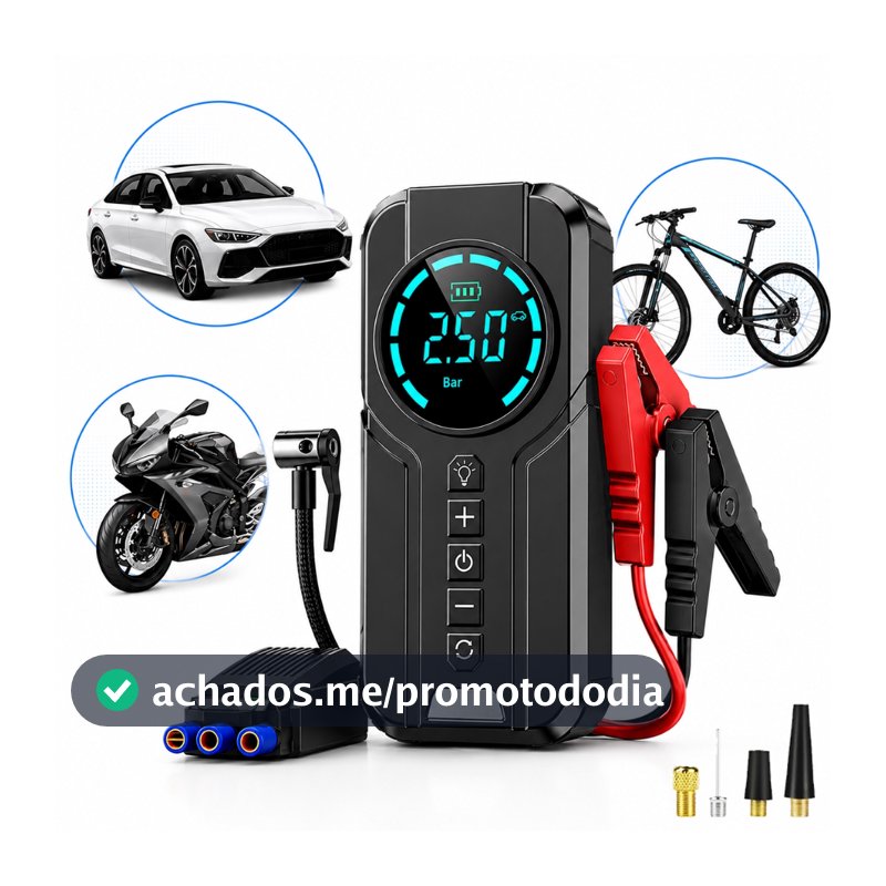 Auxiliar de Partida Carregador Bateria Com Compressor de Ar Emergência Portátil Veicular Automotivo