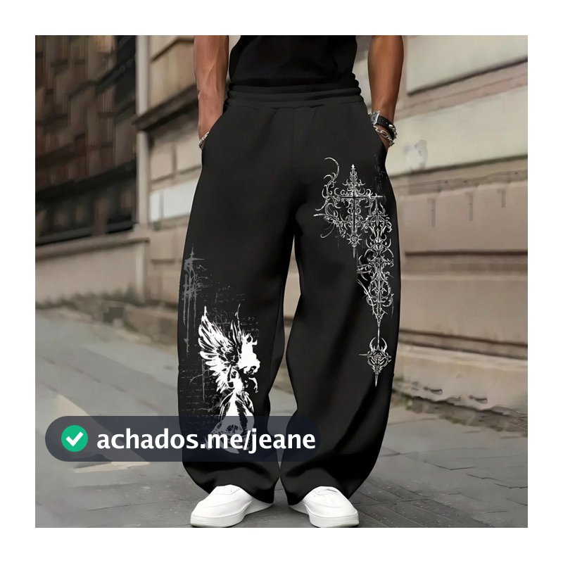 Calça Wide Leg Masculina Estampada Com Estampa Estilosa de Cruz Pássaro Escritas Streetwear Roupa de Rua Hip-hop