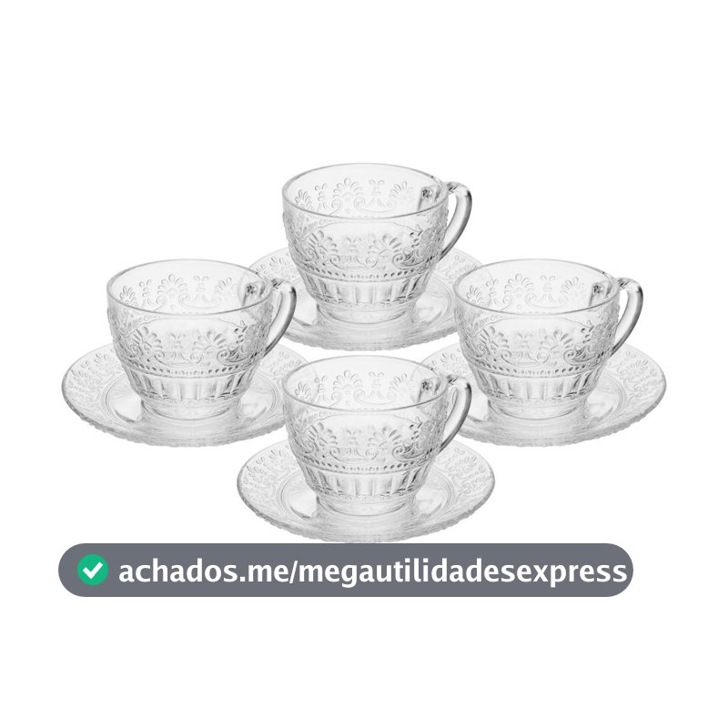 Jogo 4 Xícaras de Chá com Pires Wolff Mauve 220ml Cristal Elegante para Servir Chás e Cafés na Mesa Posta Muito Elegante