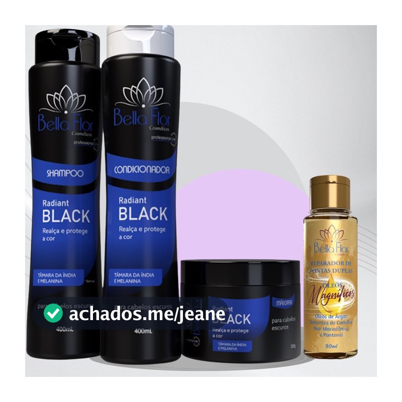 Kit Capilar Radiant Black 4 Produtos Shampoo Condicionador Máscara Reparador de Pontas Bella Flor Cabelos Escuros Brilho