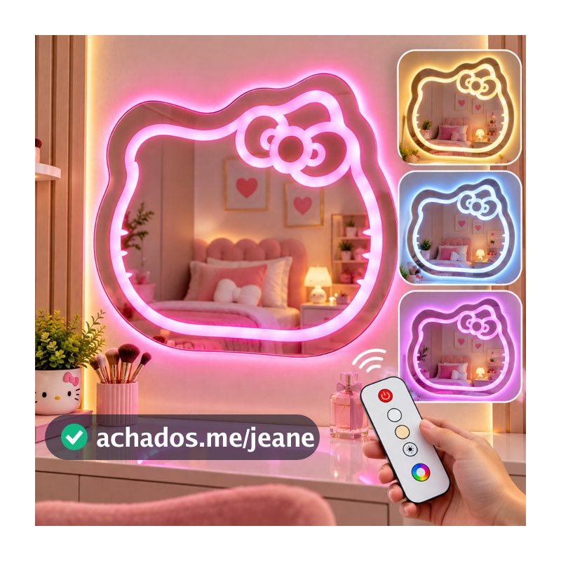 Espelho Gatinho Infantil 70x65 cm com LED 3 Cores e Controle Remoto