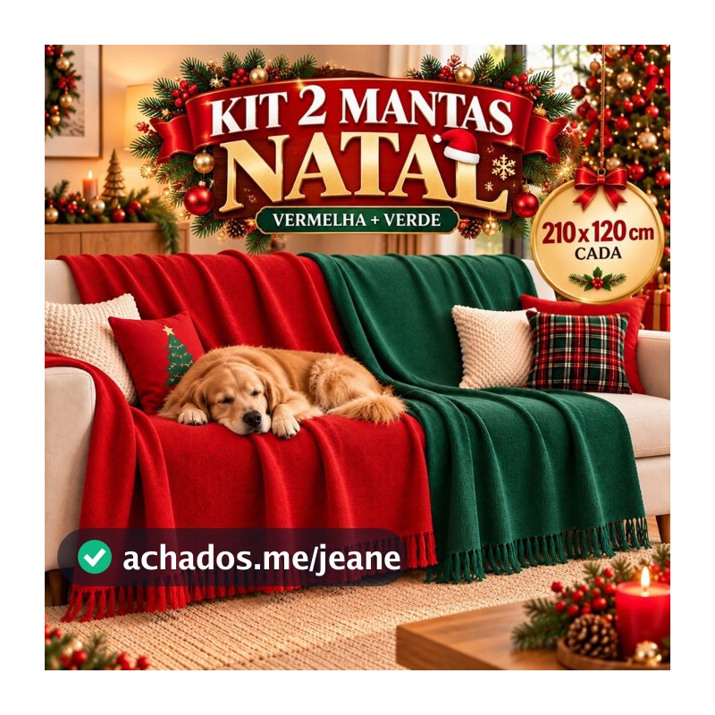 Manta de Natal 210x120 cm Gigante para Sofá e Cama Verde Vermelha Decorativa em Algodão Promocao Natalina