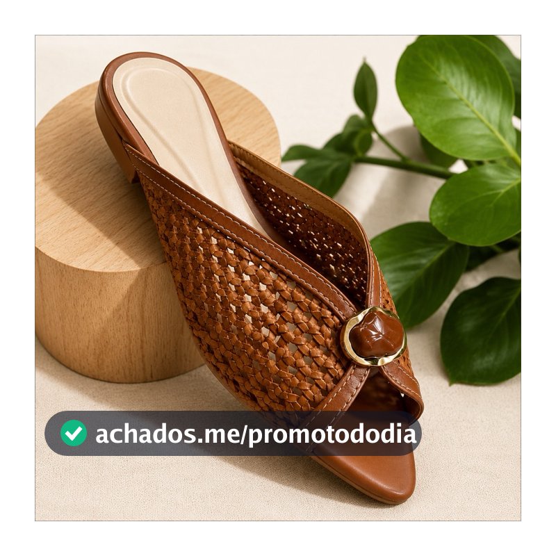 Mule Feminino Trançado Caramelo Bico Fino Elegante Casual Confortável com Fivela
