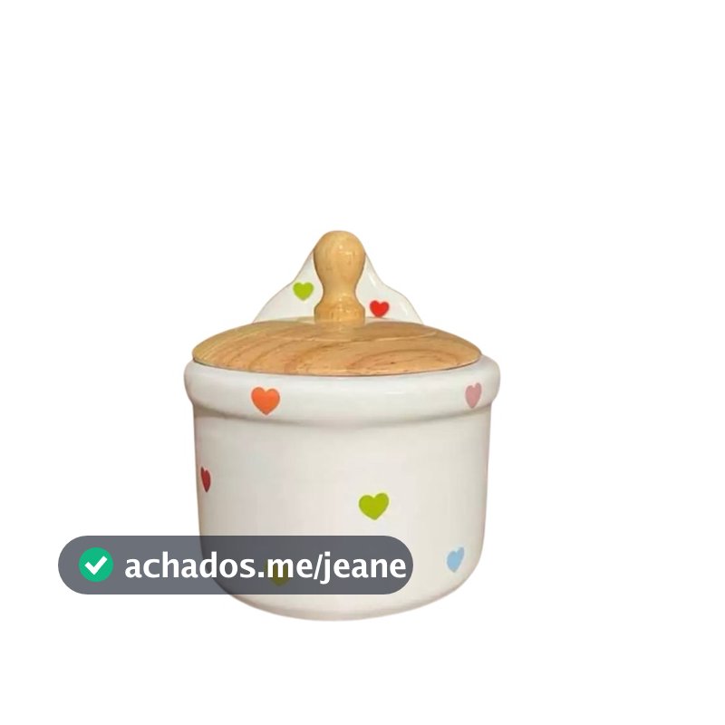 Saleiro de Cozinha em Cerâmica Branco com Poá Coração com Tampa de Madeiral