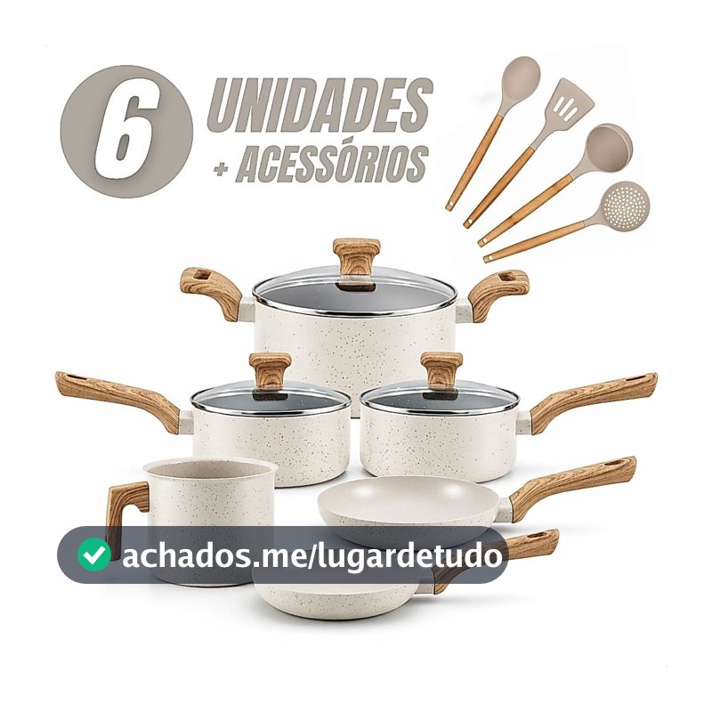 Jogo de Panelas 6 Peças Antiaderentes com Tampa de Vidro Temperada com 4 Utensílios de Cozinha