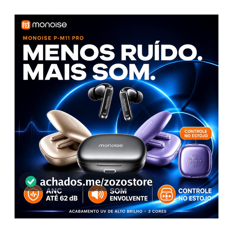Fone de Ouvido Bluetooth Sem Fio Anti Ruído ANC 62 dB Monoise M11 TWS com 4 Microfones para Chamadas HD e Música Estéreo