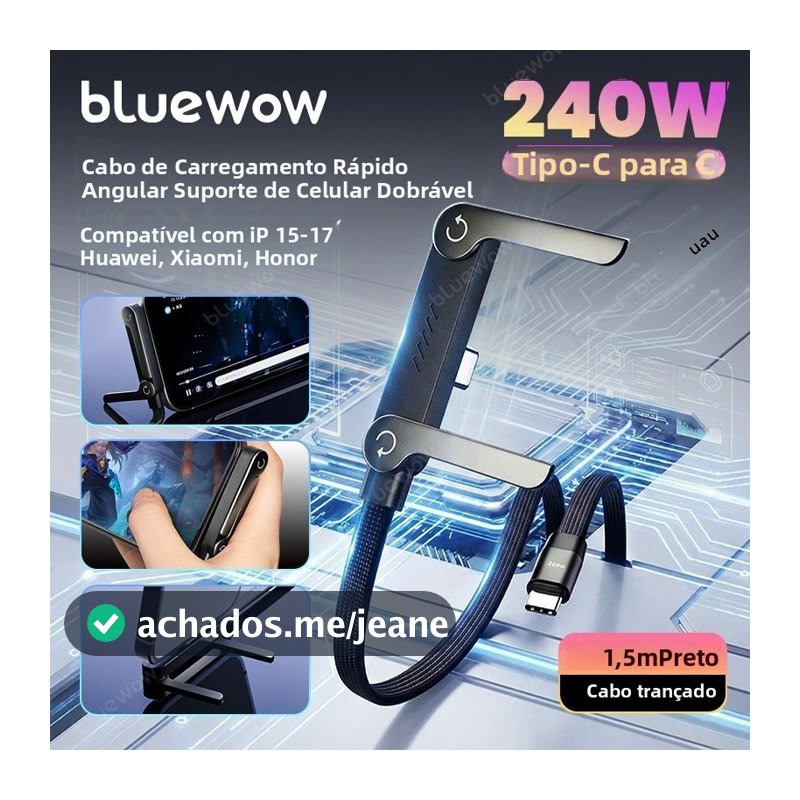 240W1.5m 90°Cabo de dados de canto, adequado para jogos, sobrecarga curvada e Design dobrável para celular