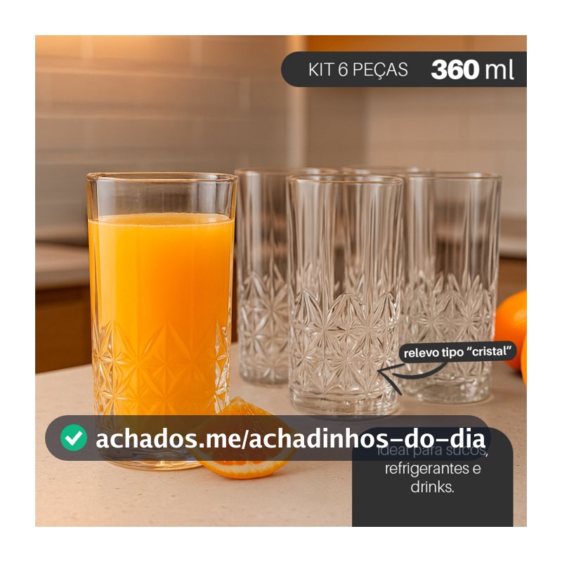 Jogo 6 Copos de Vidro Adhara 360ml – Design em Relevo Estilo Cristal