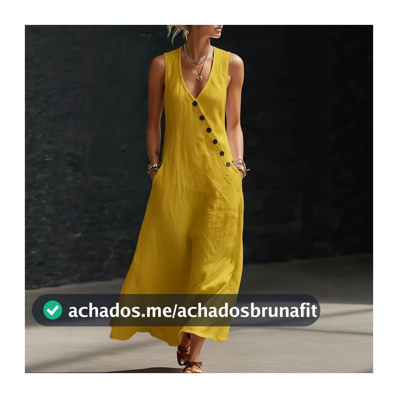 Vestido Feminino Casual De Algodão E Linho , Simples Sem Mangas De Verão Maxi Solto Com Decote Em V