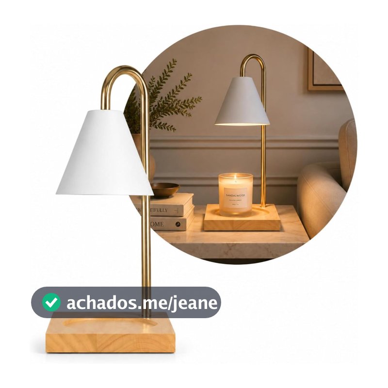 Luminária Aquecedora de Vela c/ Base de Madeira e Suporte de Metal Abajur Cabeceira Mesa Decorativa