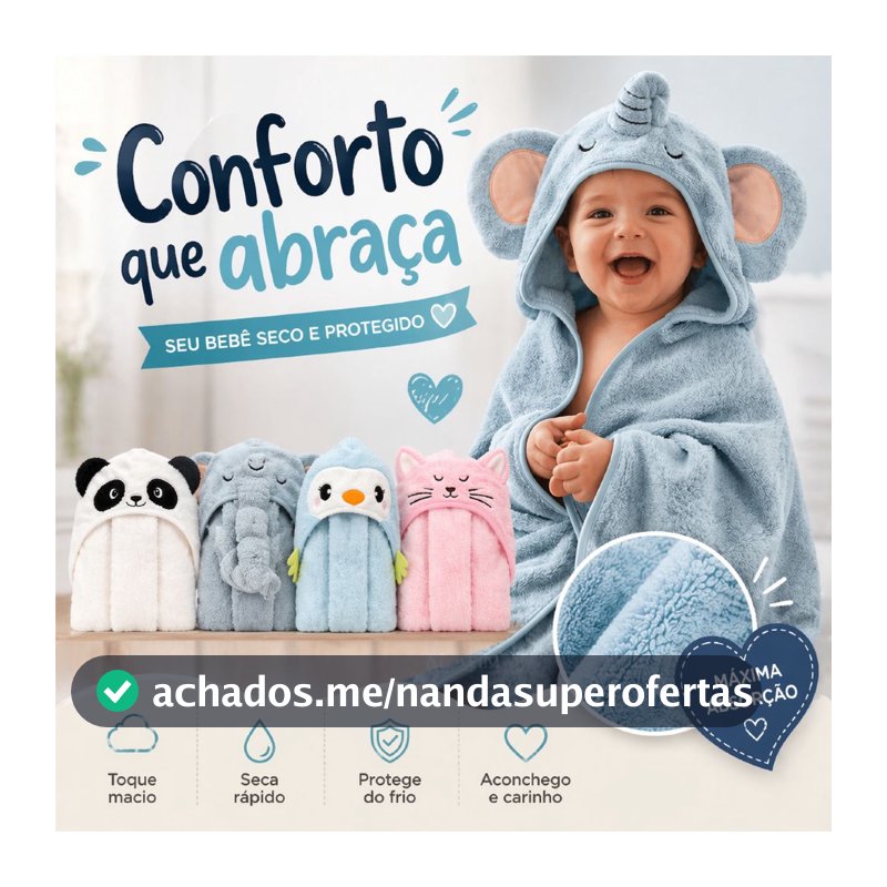 Toalha De Banho Infantil Com Capuz Felpuda Infantil Bebê Criança Bichinhos Grande Toalha Bebê