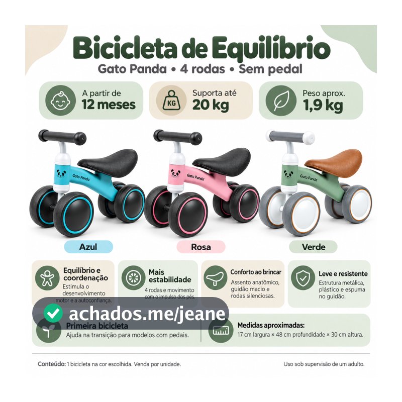 Bicicleta de Equilíbrio 4 Rodas Retrô Sem Pedal - Gato Panda