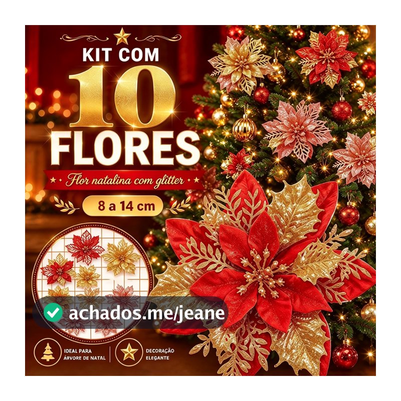 Kit 10 Unid. Flores de Natal Artificiais Recortadas Glitter Decoração Árvore de Natal 6 Cores
